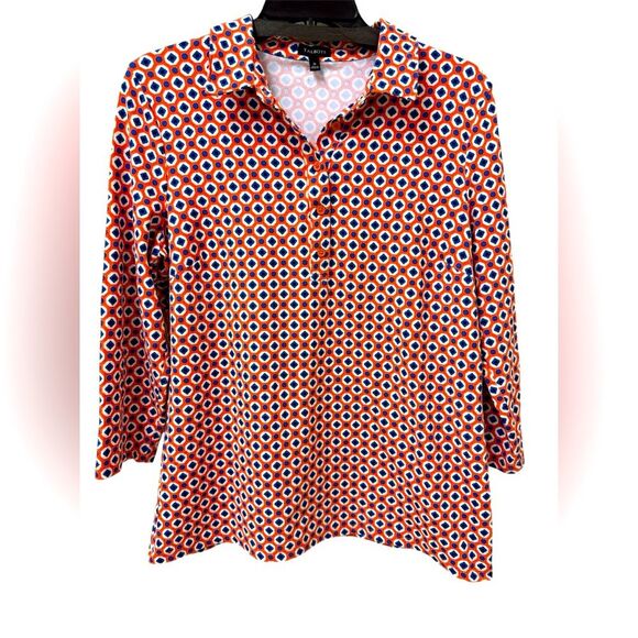 TALBOTS Women’s Tunic Button Up 3/4 Sleeves Orange Blue Multi Geo Print Medium - Picture 1 of 6